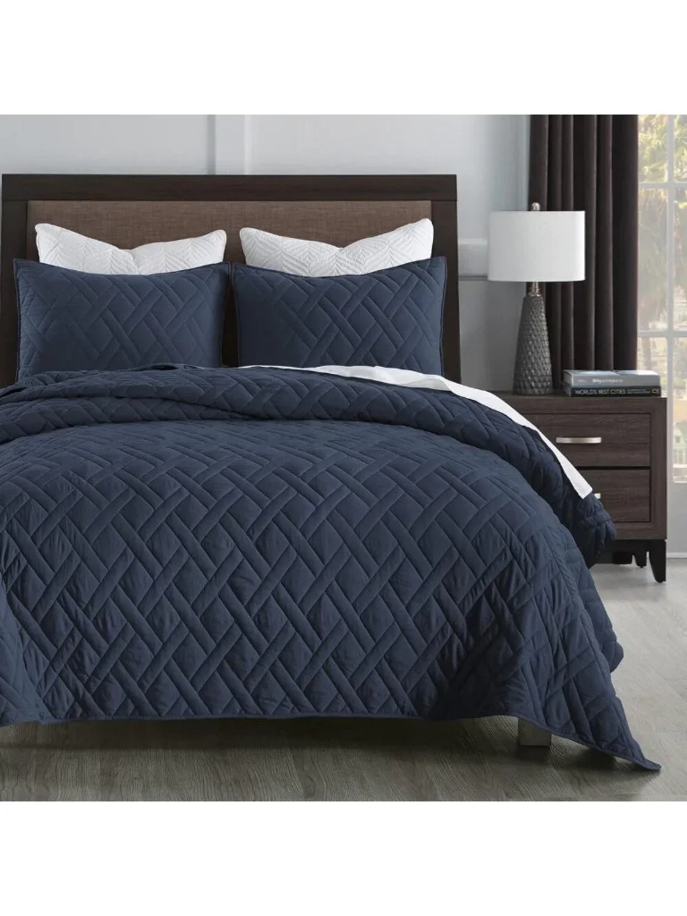 Navy Blue Queen Quilt Set - Soft Microfiber, Geometric Diamond Pattern